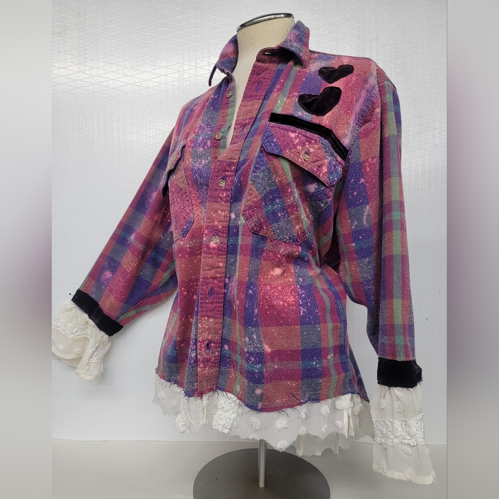 Upcycled Vintage Heart Rock Band Flannel Shirt Shacket  With Velvet & Lace - Picture 10 of 13